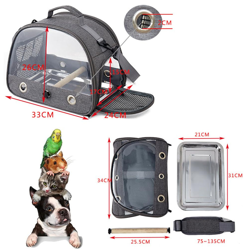 Bird Travel Carrier with Stainless Steel Tray,Lightweight Breathable Parrot Cage with Removable Wooden Stand Stick and Long Shoulder Strap,Bird Cages for Parakeets Budgie grey 33*26*24CM - PawsPlanet Australia