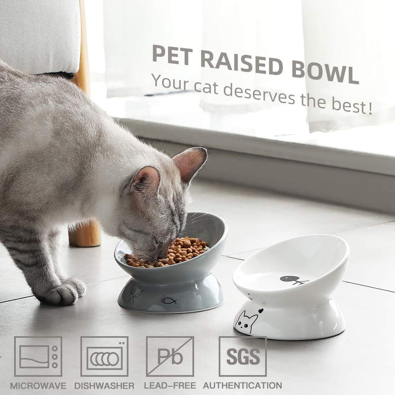 Sweejar Ceramic Raised Cat Bowls, Slanted Cat Dish Food or Water Bowls, Elevated Porcelain Pet Feeder Bowl Protect Cat's Spine, Stress Free, Backflow Prevention (White) 5 Inch White - PawsPlanet Australia