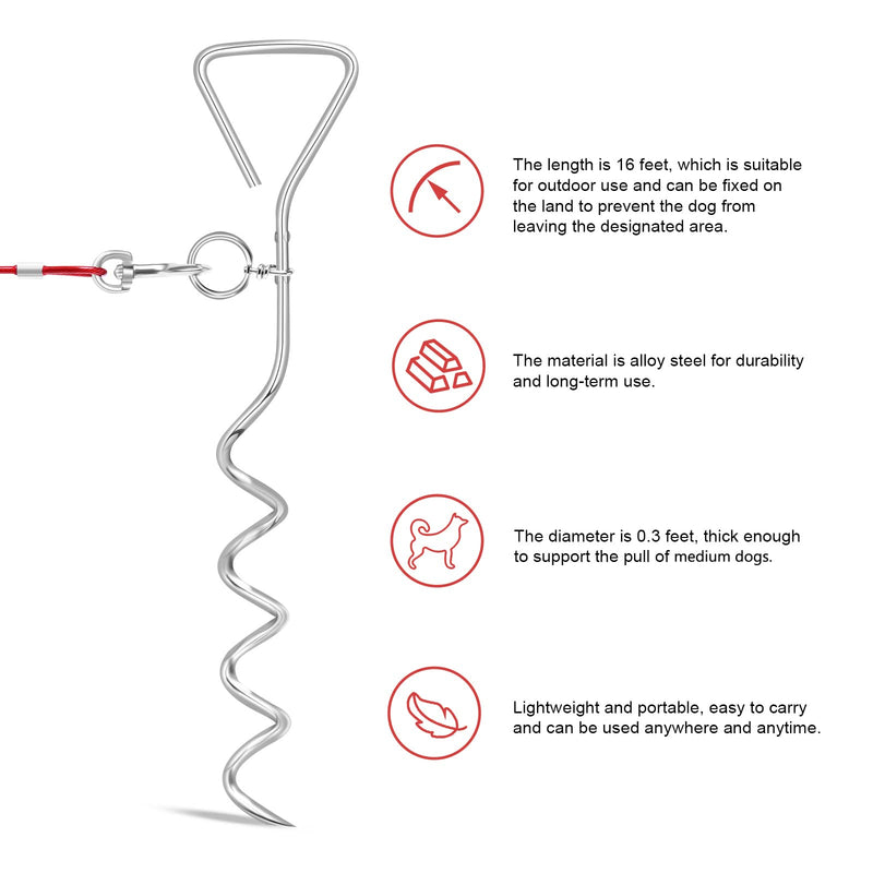 Dog Tie Out Cable and Stake, 16FT Outdoor Dog Stake for Yard Training, Running, Hiking,Camping, 16 Inch Heavy Duty Dog Anchor Spiral Stake for Small to Medium Dogs(Red) red-16FT - PawsPlanet Australia