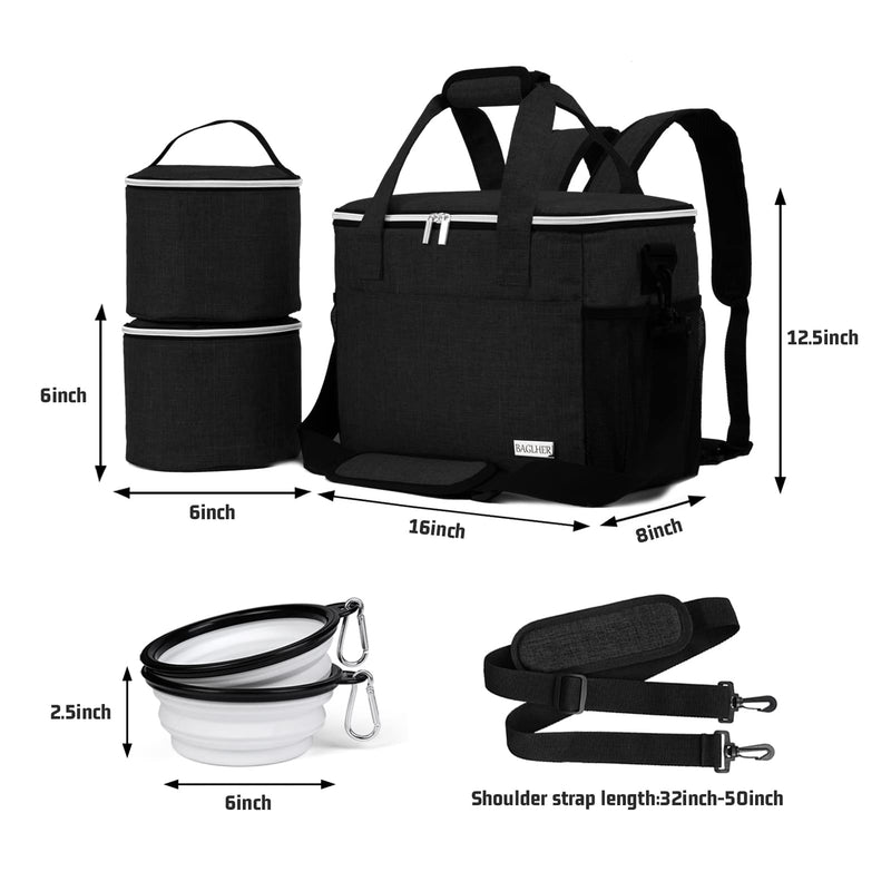 BAGLHER Dog Travel Bag Backpack Pet Supplies Backpack Pet Accessories Storage Bag 5-Piece Set with Shoulder Strap 2 Lined Pet Food Containers 4 Foldable Feeding Bowls Essential Kit for Pet Travel Black Medium - PawsPlanet Australia