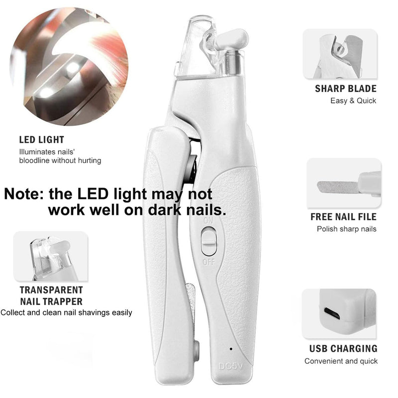 Pet Nail Clipper with LED Light for Dogs & Cats, Rechargeable Nails & Claws Trimmer Grooming, Safe Professional Trimming Tool with Nail Trapper & Free Nail File, Quick-Sensor Razor Sharp Blades White With Led Light - PawsPlanet Australia