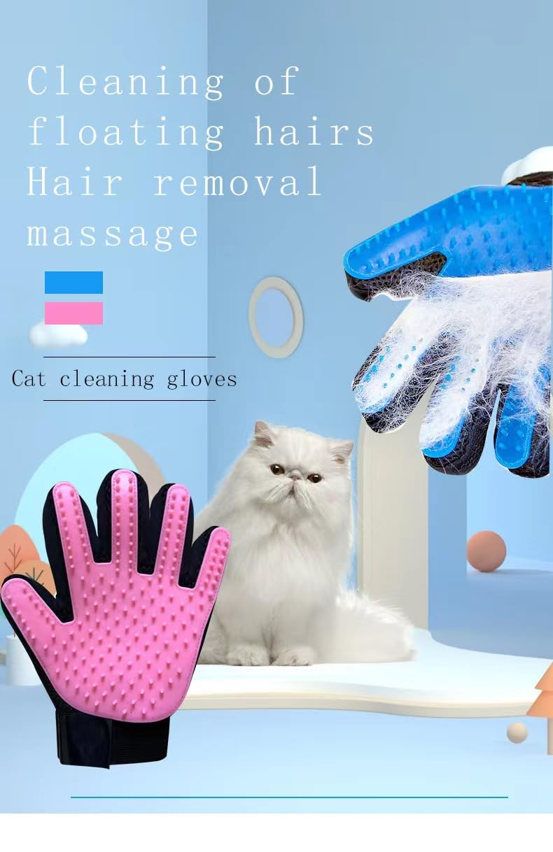 Efficient pet hair removal gloves, gentle pet beauty glove brush, shedding gloves, massage gloves, gentle shedding cat brush, very suitable for dogs and cats with long and short hair (1 pair) (blue) blue