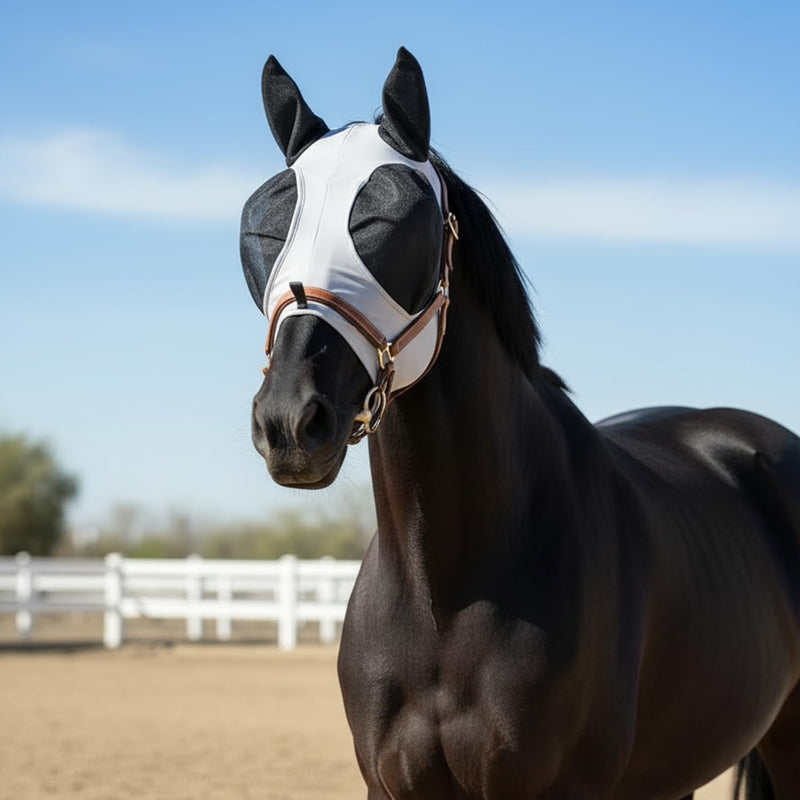 Horse Fly Mask with Ears - Breathable Stretchable for Mosquito Protection, Full Eye Cover, Outdoor Pasture Use
