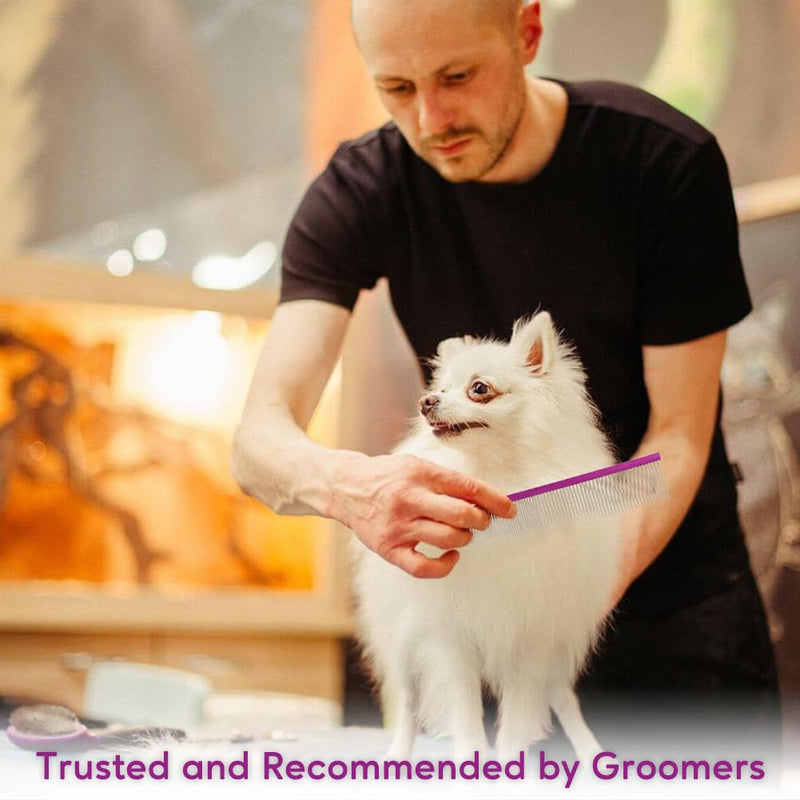 Pet Comb 8 inches Comfortable Grooming Comb with Different-Spaced Rounded Stainless Steel Teeth, Easy Grip and Convenient Grooming for Pets Dog Cat with Medium Coarse Fur - Purple 8" - PawsPlanet Australia