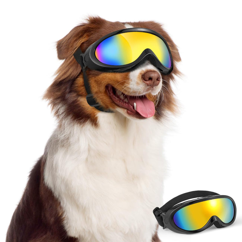 Dog Goggles Medium Large Breed, Dog Sunglasses with Adjustable Straps and Soft Sponge Pad, UV/Wind/Dust/Fog/Snow Dog Eye Protection Sunglasses for Outdoor Driving Riding, Black Black Frame-Colorful Lenses