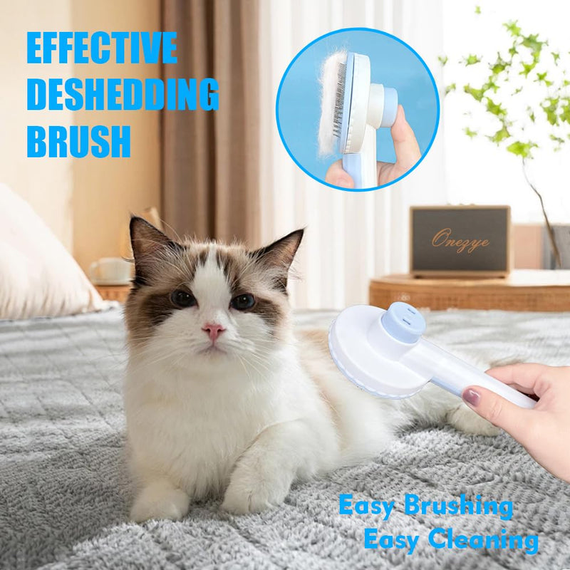 Grooming Brush Kit - 5pcs for Shedding & Matted Fur, Self-Cleaning with Flea Comb for Indoor Long-Haired Cats, Blue Blue Long - PawsPlanet Australia