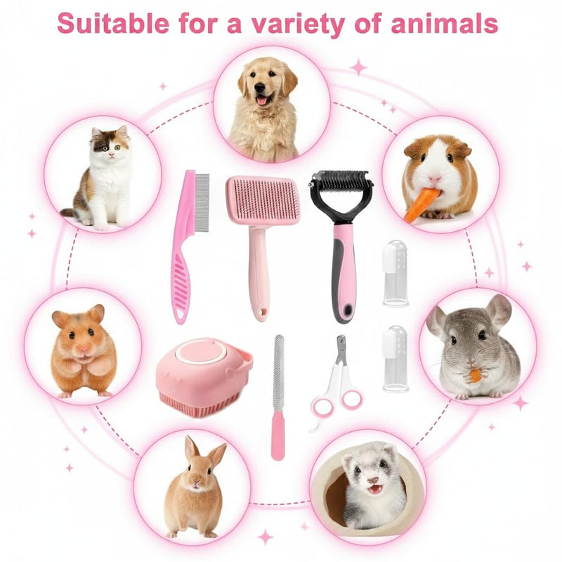 Haminway 8-Piece Dog Grooming Kit – Pink | Pet Brush Set for Shedding, Dematting, Nail Clipping & Bathing | Ideal for Small & Medium Dogs - PawsPlanet Australia