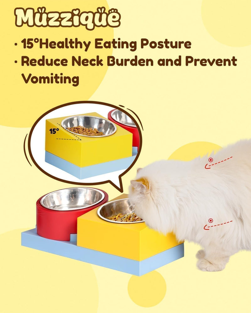 Cat Food Water Bowl Set, for Cats/Dogs, w/ 2 Raised Stainless Steel Puppy Bowls, Elevated DIY Kitten Metal Dishes Stand, Flat Tilted Pet Holder, No Spill Anti Whisker Fatigue Plastic Feeding Station - PawsPlanet Australia