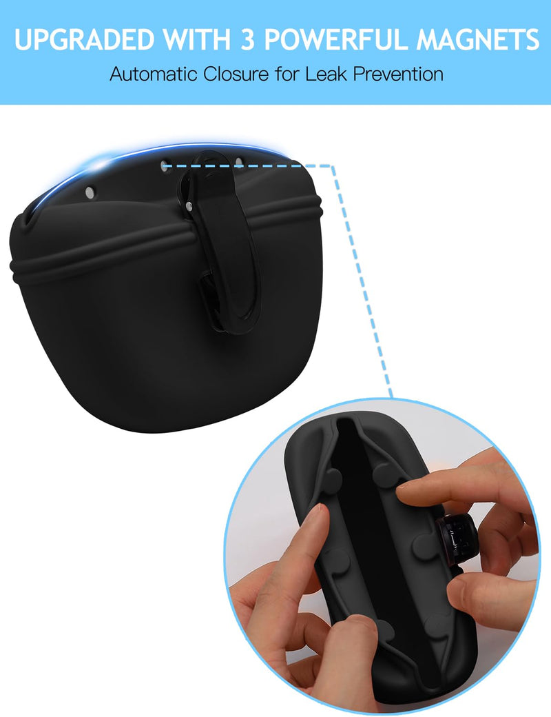 SnugMaker Dog Treat Pouch with Training Clicker, 2.76 Cup Silicone Dog Treat Bag, Dog Treat Pouches with Waist Belt for Pet Training Walking - Black - PawsPlanet Australia
