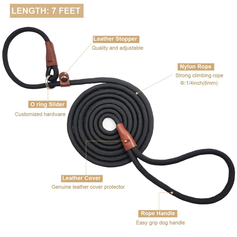 BTINESFUL 7ft Slip Lead Dog Leash, Strong Nylon Rope Leash, 1/4 & 1/2 inch Diam Dog Training Lead for Small Medium Large Dogs (1/4" * 7 FT, Black) 1/4" * 7 FT - PawsPlanet Australia
