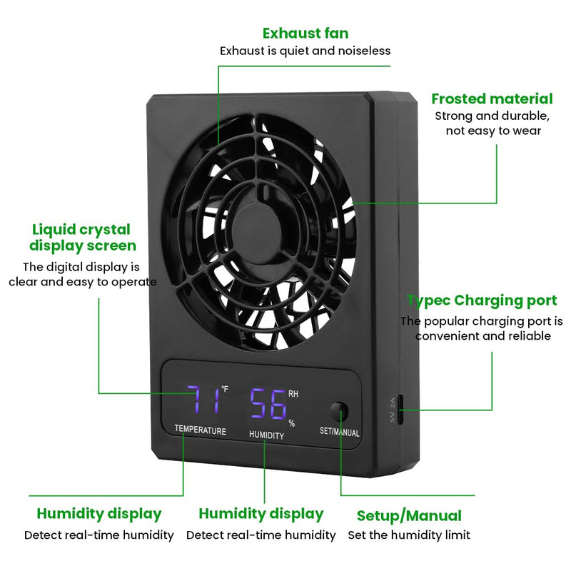 Reptile Ventilation Fan, LED Digital Thermometer and Humidity Gauge Dehumidifier for Pet Rearing Box Reptile Tank, with Humidity Sensor, for Humid Environments, Rainfo-Rest and Ecological Tanks - PawsPlanet Australia