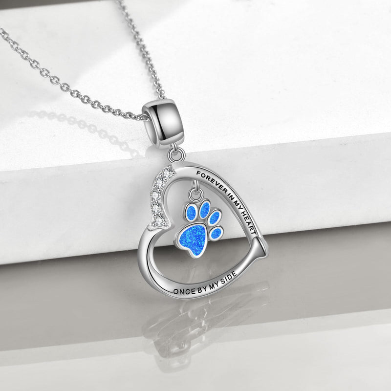 YFN Paw Print Necklace Sterling Silver Dog Cat Charms Pendant Cremation Jewelry Cat Dog Memorial Gifts for Women Girls Blue Opal