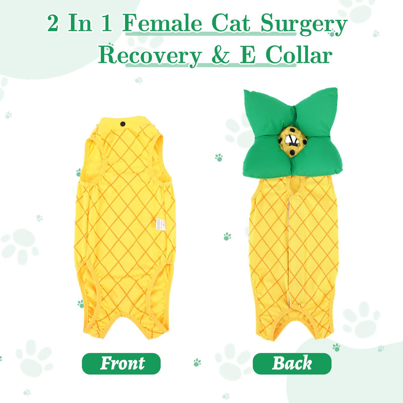 EMUST 2PCS Cat Recovery Suit & Cat Cone Collar Female, Soft & Adjustable Dog Surgery Suit Female Spay for Abdominal Wounds, Cotton Cone for Cats to Stop Licking for Small Female Pets 8-16lb, Yellow, L Large