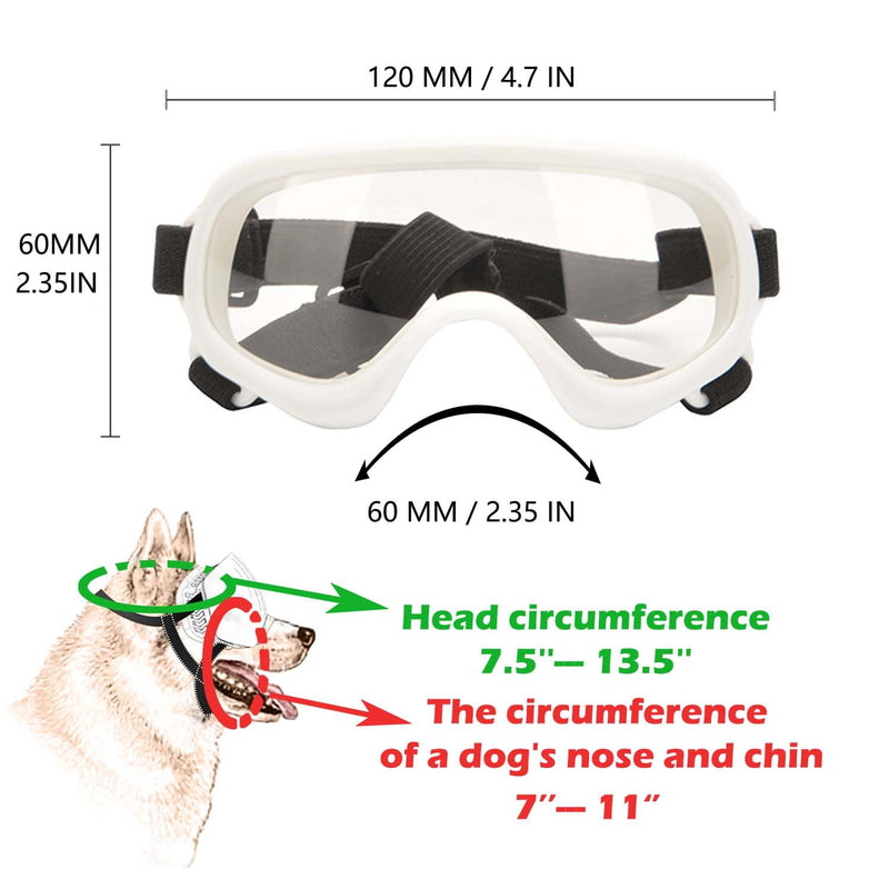 Dog Sunglasses,Doggles Anti-UV Protection, Pet Sunglasses with Adjustable Strap, Suitable for Motorcycle Car Driving Bike Riding Hiking Swimming Wind Dust Fog Dog Eye Protection WhiteFrameClearLens