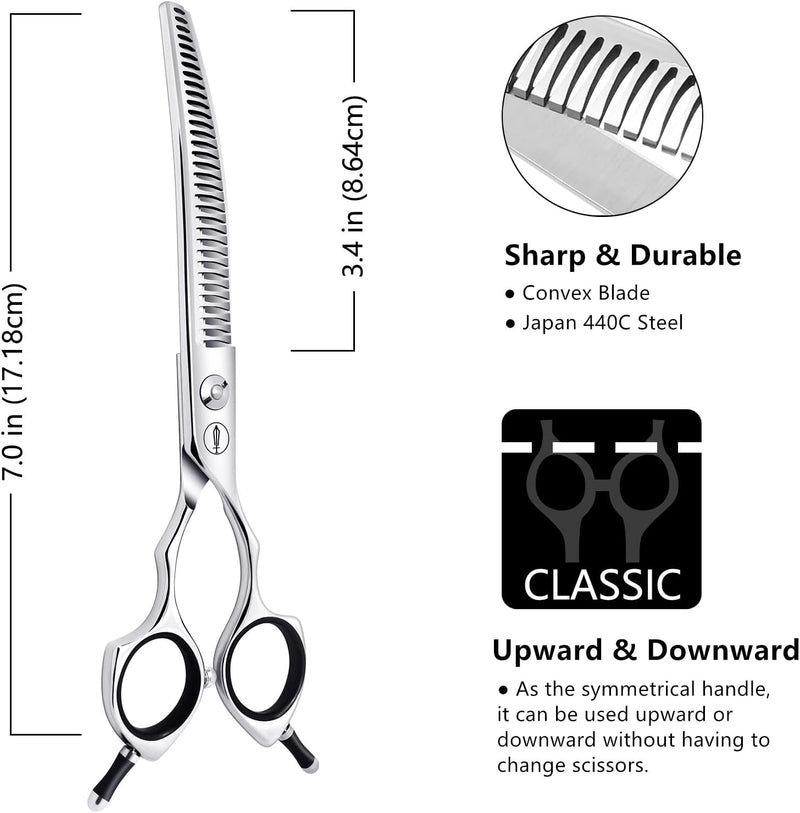 7'' Dog Downward Curved Chunkers Scissors Pet Grooming Curved Shears with Decorative Diamond Screws Japanese 440C Professional Texturizing Blending Shears for Dogs and Cats Silver Chunker - PawsPlanet Australia