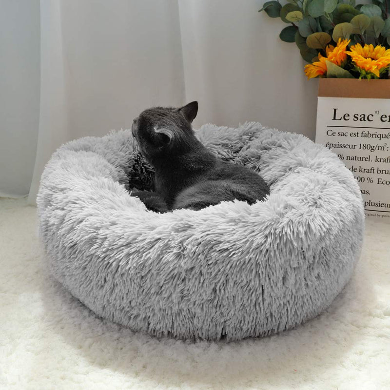 otoez Kitten Puppy Bed Small Round Dog Cat Beds Anti Anxiety Plush Pet Calming Donut Bed with Non-Slip Waterproof Bottom, Washable (19.7", Light Grey) 19.7" - PawsPlanet Australia