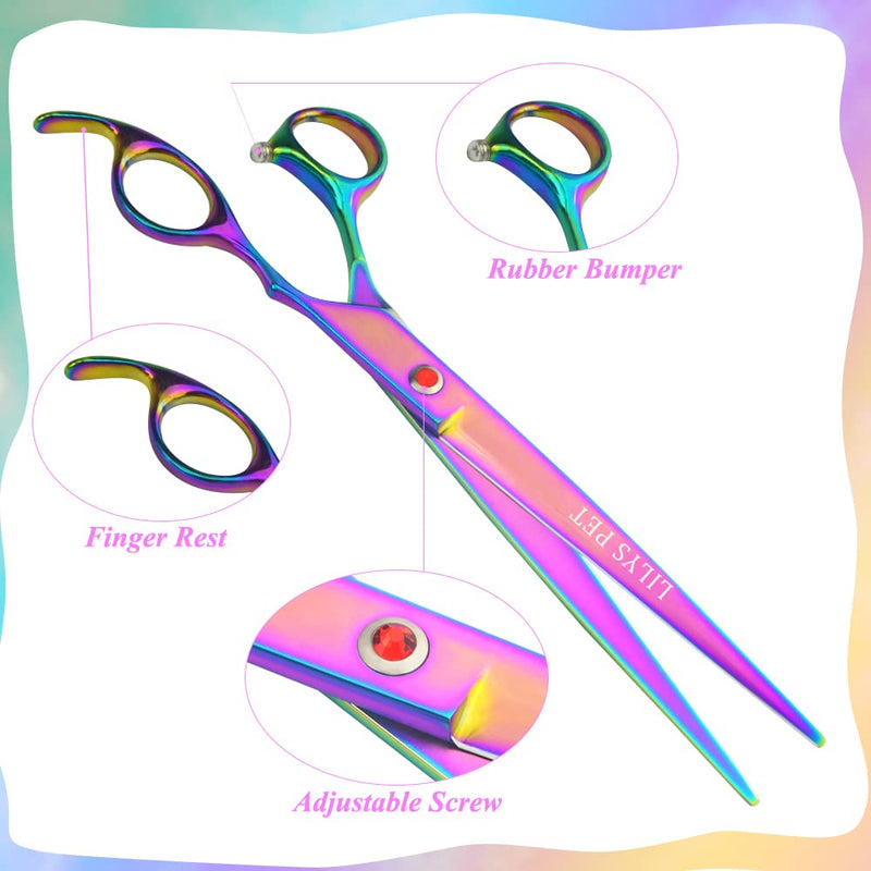 LILYS PET HIGH-END SERIES Japan 440C Stainless Steel Professional Pet Grooming Scissors Set,Rainbow Color,Cutting&Thinning&Two-way Curved shears Set (8.0") - PawsPlanet Australia
