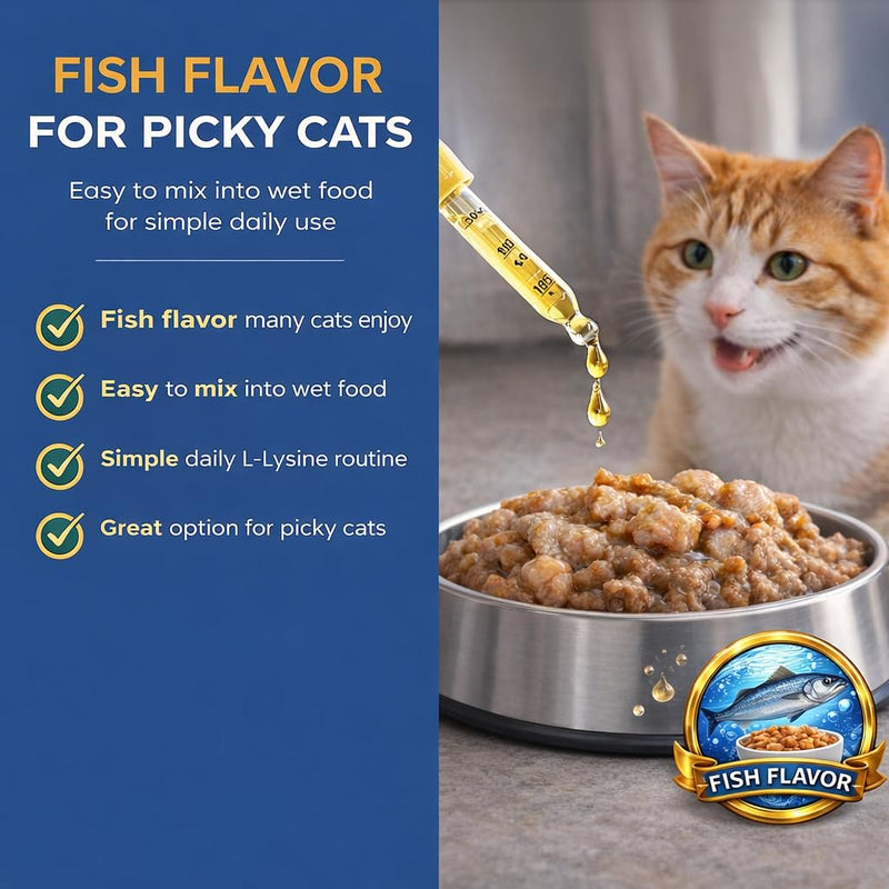 L-Lysine for Cats Liquid Drops Fish Flavor: Immune Support & Respiratory Wellness, Eye & Nose Comfort – Easy-to-Give Cat Lysine Supplement – with Botanical Blend + Vitamins A, B1 & B6 1.86 fl oz