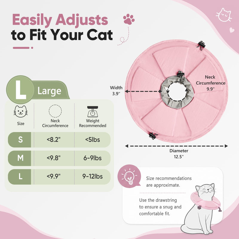 Cat Cone Collar Soft, Adjustable Elizabethan Collar for Cats to Stop Licking, Comfortable Lightweight Kitten Cone for Wound Healing and Surgery Recovery,Pink,L Pink L