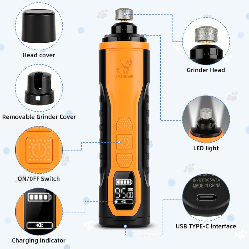Dog Nail Grinders Upgraded Super Silent Cat Claw Nail Clippers 3-Speed Electric Pet Electric Nail File Nail Scissors Nail Trimmer File with 2 LED Lights for Small to Large Dogs(Black Orange) Pet Nail Filer-m9-black Orange