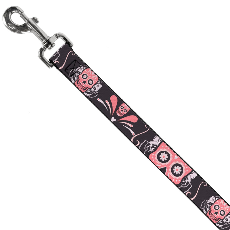 Buckle-Down Pet Leash - Sugar Skulls Gray/Pink - 6 Feet Long - 1.5" Wide - PawsPlanet Australia