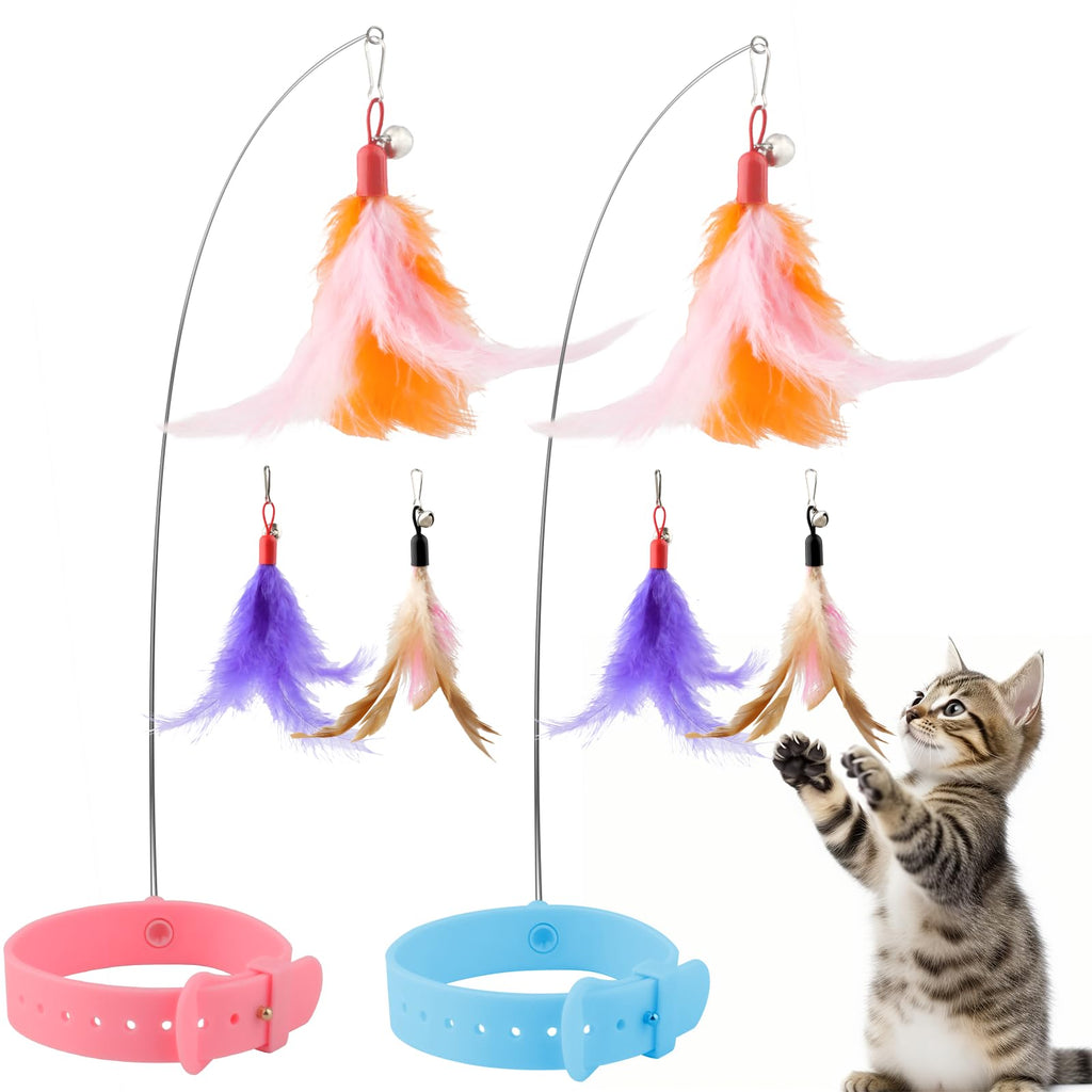 Cat Collar Toy, Cat Feather Neck Collar Toy with 6 Replacement Refills, Interactive Self Playing Toys with Bell for Indoor Kittens Small Animals