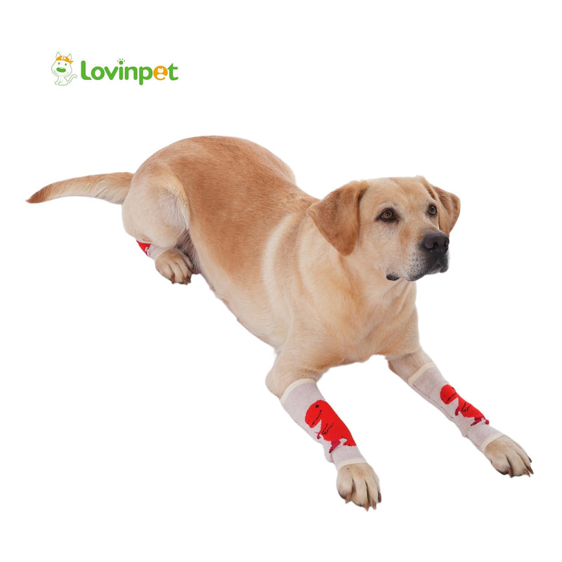 LovinPet 4-Pack Dog Knee Sleeves, Dinosaur-Style Leg Warmers for Medium & Large Dogs, 4-Way Stretch, Anti-Lick Coverage, Warm & Comfy Fit, One Size,Red White Red White