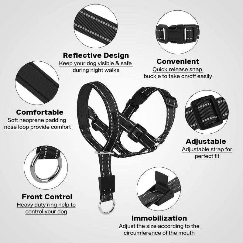 Dog Head collar - Adjustable Dog Head Halter No Pull Dog Harness - Soft Padded Headcollar with Safety Reflective Strap - Effective Dog Training Tools for Easier Walks (Medium, Black) Medium (Snout 7.5"-14.2") - PawsPlanet Australia