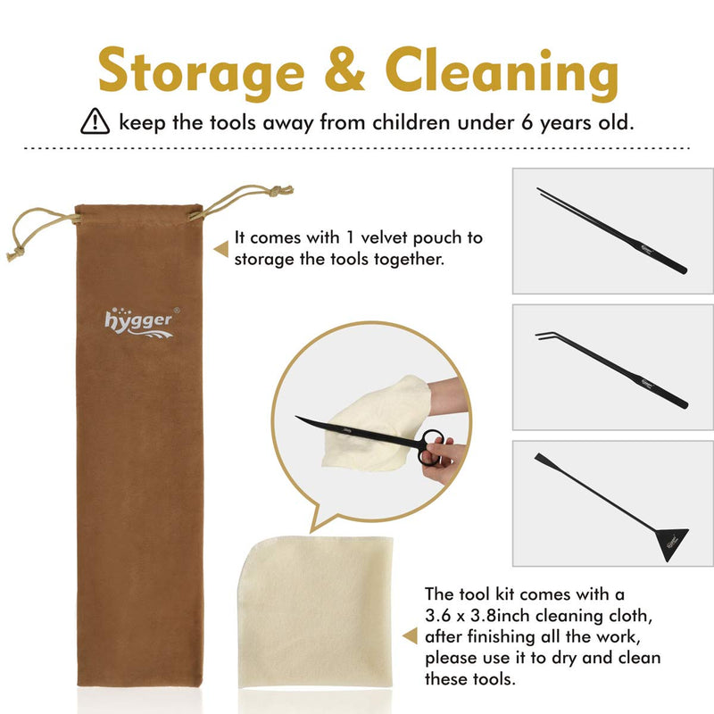 hygger Long Stainless Steel Premium Aquarium Tools, 4 PCS Aquatic Plant Tweezers Scissors Spatula Kits Comes with 1 Cleaning Cloth, for Fish Tank Starters Black - PawsPlanet Australia