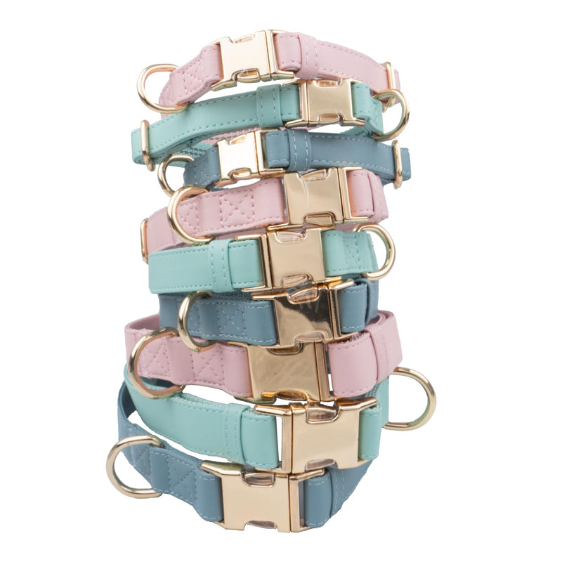 Leather Dog Collar and Leash Set 7FT Reflective at Night - Soft and Easy to Clean Vegan Leather with Gold Metal Buckle for Small Medium Large Dogs (S, Sea Green) S