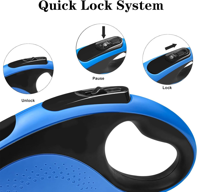 Best Dog Supplies Retractable Dog Leash with Waste Bag Dispenser and Flashlight, 26ft Dog Leash for Small Medium and Large Dogs up to 110lbs, One Button Break & Lock Soft Anti Slip Grip - Blue - PawsPlanet Australia