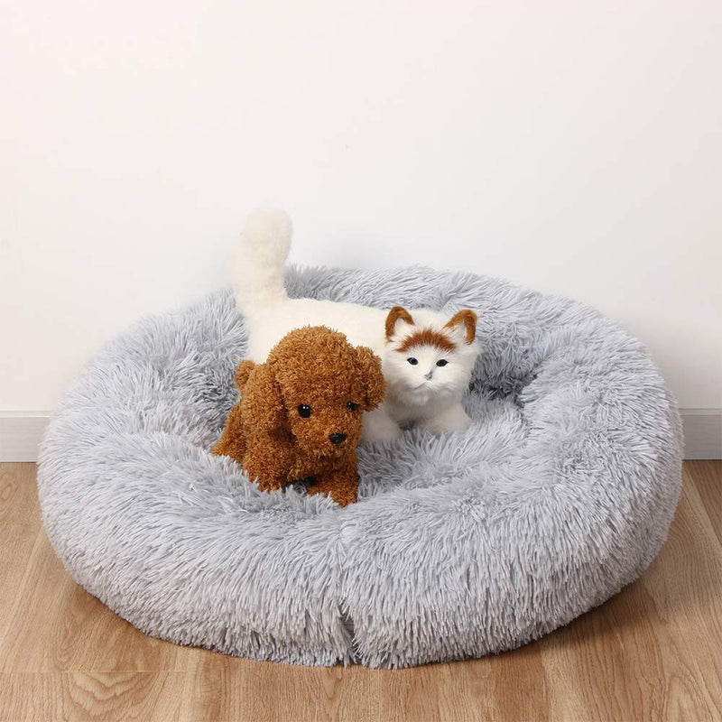 otoez Kitten Puppy Bed Small Round Dog Cat Beds Anti Anxiety Plush Pet Calming Donut Bed with Non-Slip Waterproof Bottom, Washable (19.7", Light Grey) 19.7" - PawsPlanet Australia