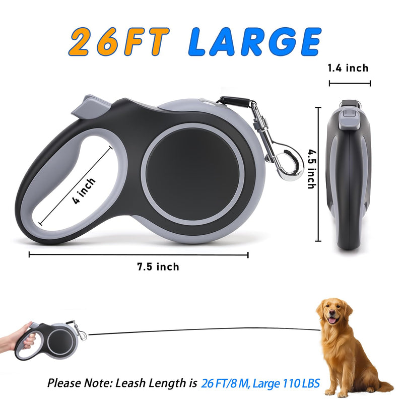 26Ft Retractable Dog Leash, Heavy Duty Great Leash for Dog up to 110 lbs, Anti-Slip Rubberized Handle, One-Handed Brake, Strong Nylon Tape, Tangle Free (Large, Black) - PawsPlanet Australia