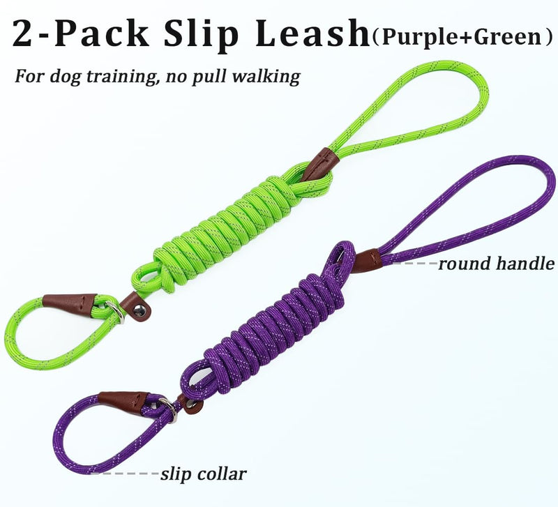 WYUZE 2 Pack 8 ft Slip Lead Dog Leash, Reflective No Pull Dog Training Lead, 1/3" Nylon Rope Slip Leash for Small Medium Dogs Purple+Green 8 Foot - PawsPlanet Australia