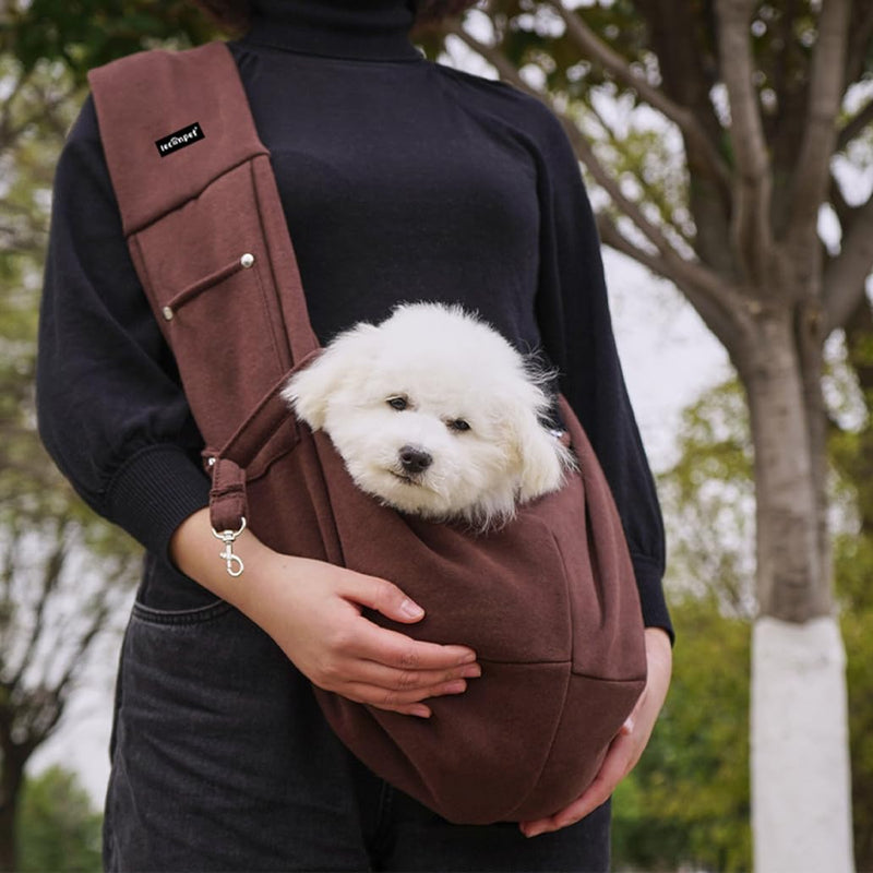 Leconpet Dog Sling Carrier Shoulder Bag for Pets with Mobile Phone Pocket Safety Buckle Security Lock, Suitable for Puppy, Small Dogs, and Cats for Outdoor Travel (Brown) Brown - PawsPlanet Australia