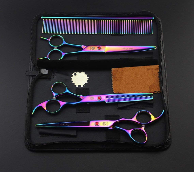 Purple Dragon 7.0 inch Rhinestone Decoration 3PCS Pet Grooming Scissors Dog Hair Cutting & Thinning Shears Set Rainbow - PawsPlanet Australia