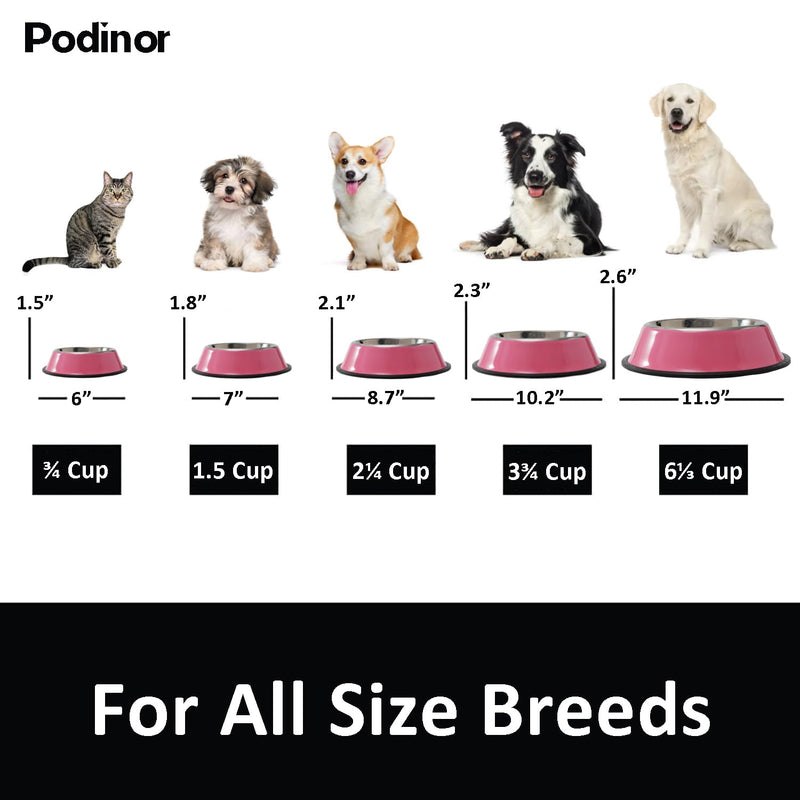 Stainless Steel Dog Bowls, Food and Water Non Slip Anti Skid Stackable Pet Puppy Dishes for Small, Medium and Large Dogs (2 Pack) ¾ Cup/7 oz ea. Pink