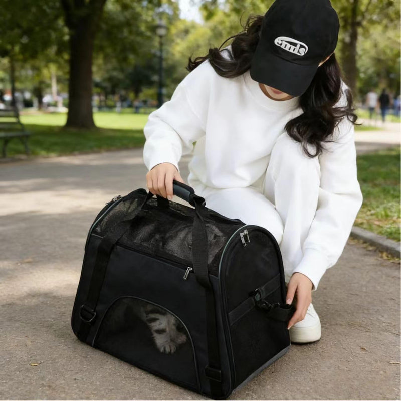 Breathable Pet Carrier Bag for Small/Medium Dogs & Cats, Portable Travel Pet Handbag with Mesh Windows, Waterproof Oxford Fabric Pet Carrier with Adjustable Shoulder Strap (Black) Black