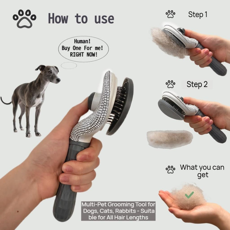 Diamond Rhinestone Cat Hair Brush Deshedding Brush Dog Hair Remover Tool Stainless Steel Comb Slicker Brush with Release Button for Dog Cat Rabbit Shedding Pets Grooming (Gray) gray - PawsPlanet Australia