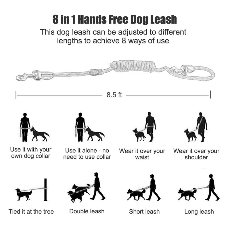 Hands Free Dog Leash(8.5ft), 8 in 1 Multifunction Nylon Double Leash for Dogs,1.2cm Dog Training Leash with Reflective Stitching, Adjustable Waist Dog Leash Fits All Waist for Medium Large Dogs-Grey Grey - PawsPlanet Australia