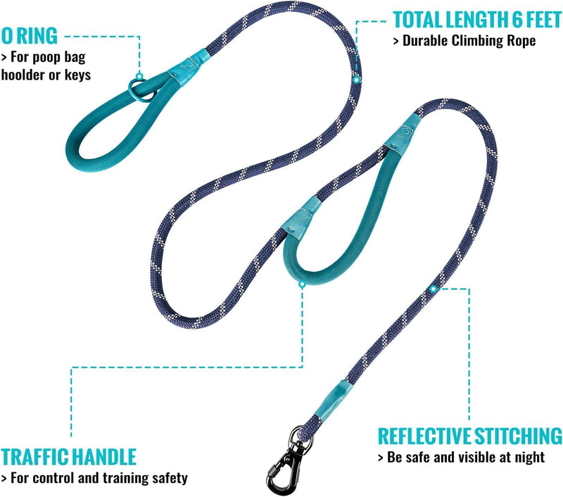 6FT Dog Leashes Heavy Duty Double Handles, Lockable Metal Carabiner Clip,Durable Rope Dog Leashes with Highly Reflective (Blue) Blue - PawsPlanet Australia