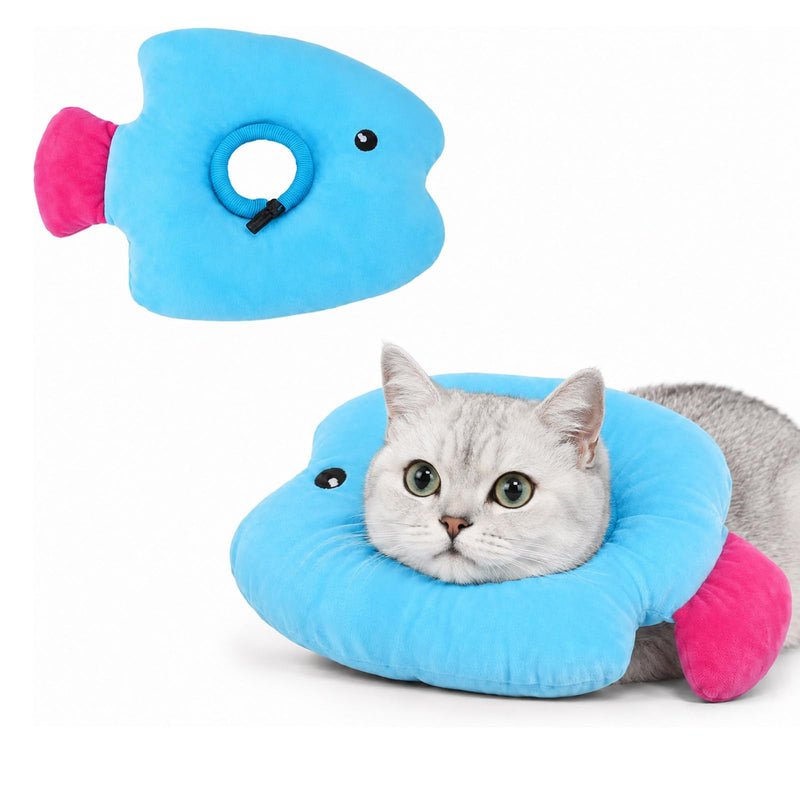 Cat Cone Collar Soft, Adjustable Cat Recovery Collar After Surgery, Pet Pillow Cone, Anti-Lick Wound Healing Elizabethan Collar for Kittens, Cute Fish S Small Blue