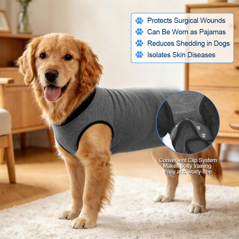 AUYAO Dog Recovery Suit Dog Surgery Bodysuit Anti-Licking Puppy Medical Surgical Suits Abdominal Wounds Protector Male Castration Onesie Post Op Dogs Surgery Shirt Pet Cone E-Collar Alternative(XL) XL Snap Fasteners Style-Gray