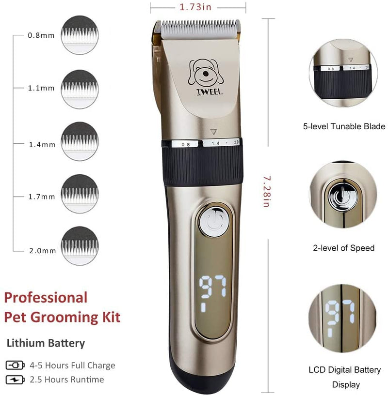Dog Clippers, 2-Speed Professional Rechargeable Cordless Cat Shaver and Low Noise Water Proof Electric Dog Trimmer Pet Grooming Kit Animal Hair Clippers Tool with Scissors Combs Gold - PawsPlanet Australia