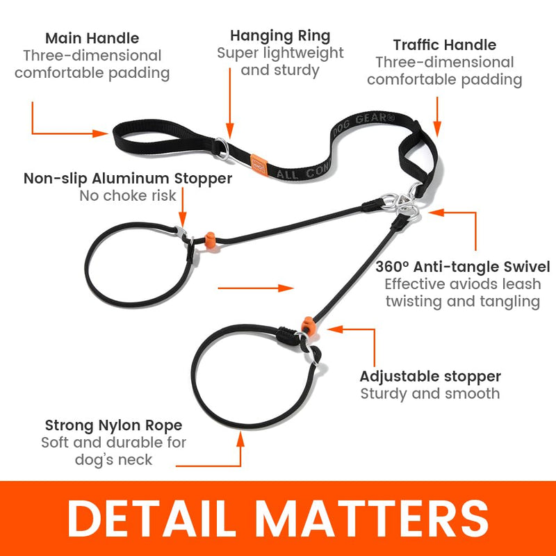 Howgo Double Slip Leash Slip Lead with Two Handles| Dual Dog Slip Lead for 2 Dogs,360° Swivel No Tangle | Dog Training Collar | Double Clip Leash Coupler and Splitter (Black, 6FT) Black w/ Handle 6FT
