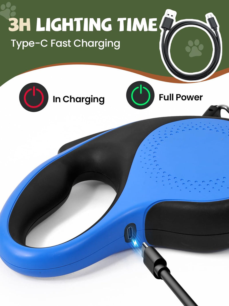 Retractable Dog Leash with Led Light, Douexio 16ft Rechargeable Walking Dog Leash for Small Medium Dogs Up to 66 lbs,360° Tangle-Free, One-Button Control, High Strength Hook 0-66lbs Blue - PawsPlanet Australia