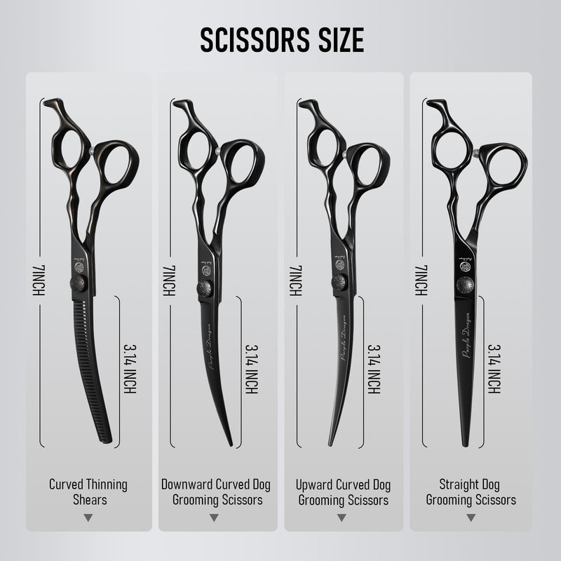 Purple Dragon Dog Grooming Scissors Set - Curved Thinning, Straight, Up & Down Curved Scissors and Comb, 7 Inch Black Shears with Adjustable Screw for Dogs and Cats Curved Thinning Set - PawsPlanet Australia