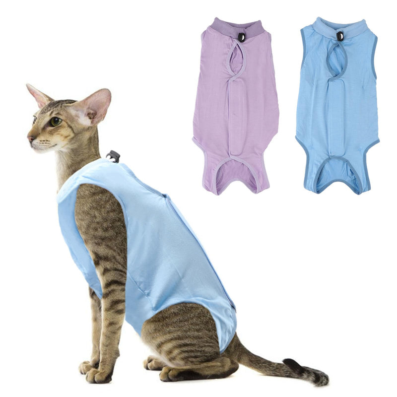 2PCS Cat Recovery Suit - Breathable Cat Surgical Recovery Suit, Onesie for Cats After Surgery Recovery, Alternative Cone of Shame Abdominal Wound Skin Wear Protection (Light Blue+Light Purple, L) Light Blue+Light Purple