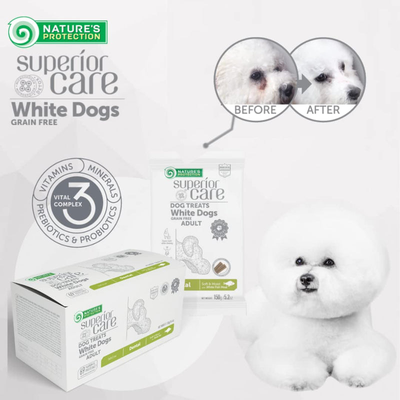 Nature's Protection Dental Chews for Dogs Teeth - Fights Bad Breath - Grain Free Dog Dental Treats for Small & Large Breed Adult Dogs with Light Fur, 5.2 oz (Superior Care - White Fish, Pack of 5) 5.2 Ounce (Pack of 5)