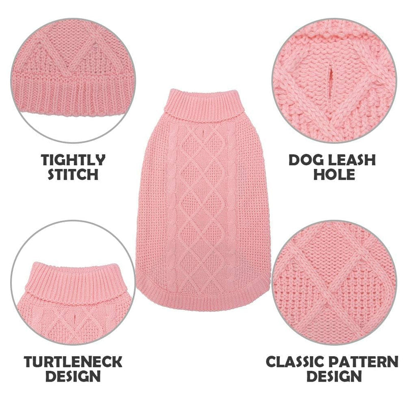 Mihachi Turtleneck Dog Sweater - Winter Coat Apparel Classic Cable Knit Clothes with Leash Hole for Cold Weather, Ideal Gift for Pet in New Year Large Flesh pink - PawsPlanet Australia